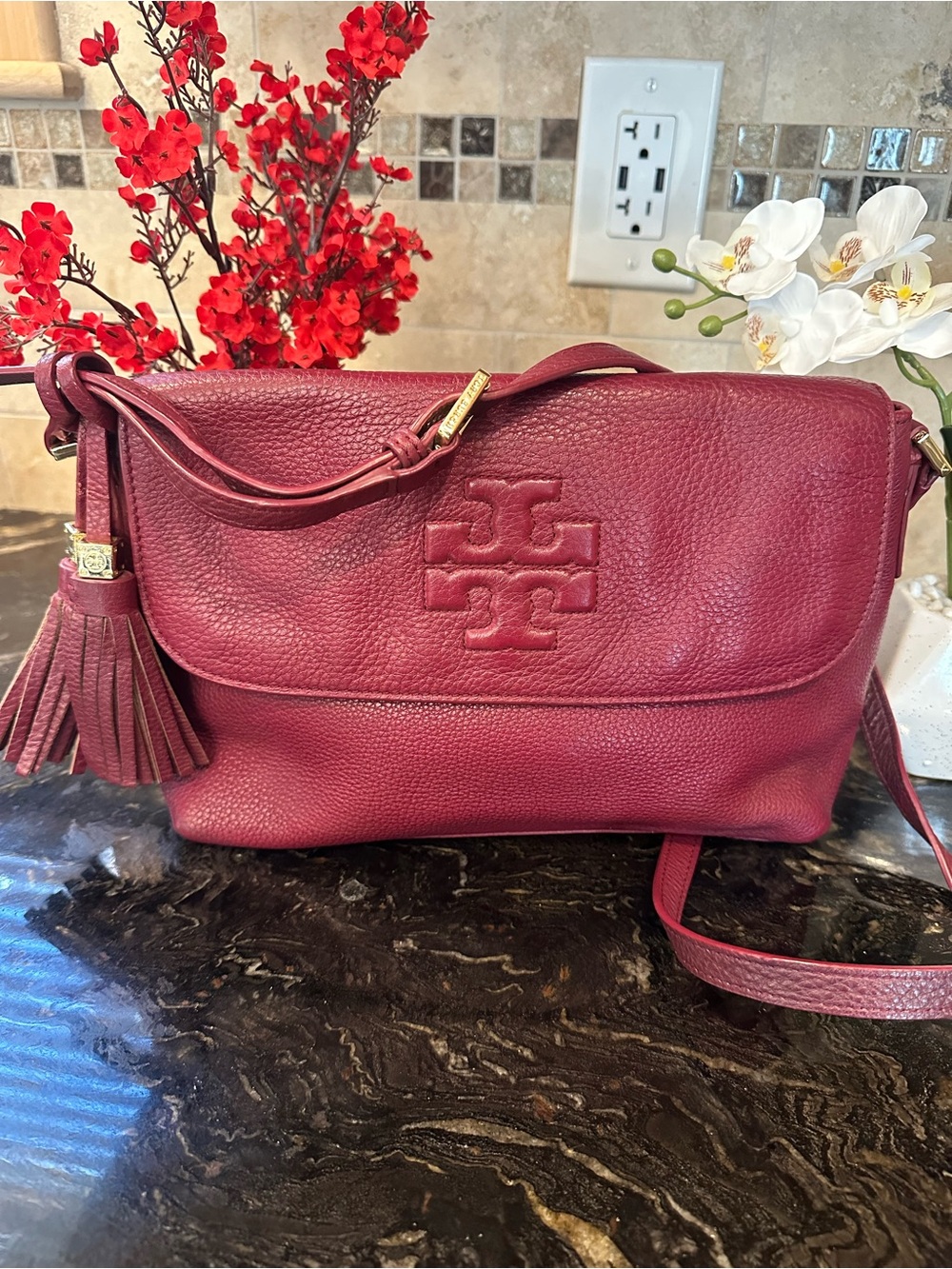 Tory Burch Fleming Pebbled Leather Crossbody Bag in Berry